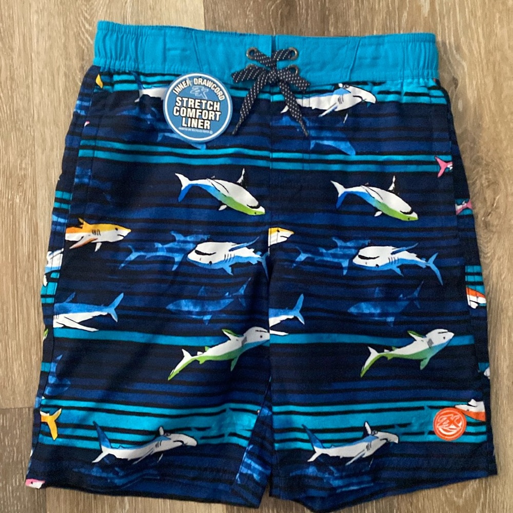 NEW ZeroXposur boy swim short UPF 50+, blue shark print, size 7